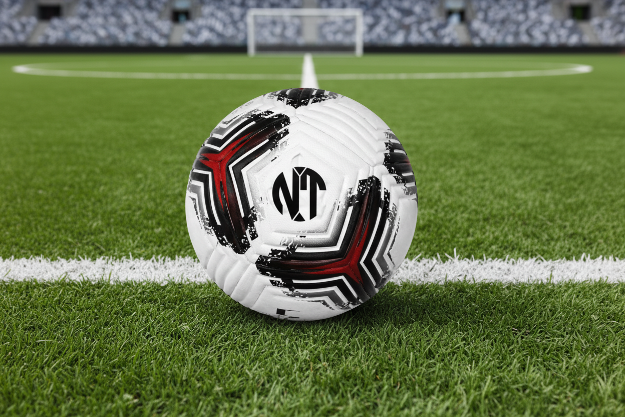 White soccer ball with black and red patterns on a white background