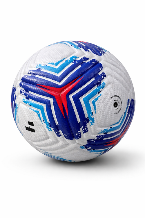White soccer ball with blue and red patterns on a white background