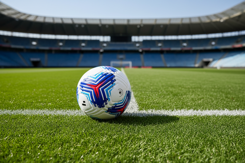 White soccer ball with blue and red patterns on a white background