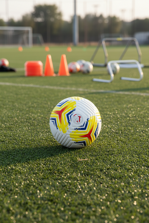 Colorful soccer ball with a logo on a white background